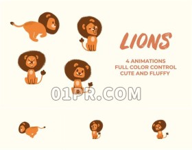 Pr手绘动画狮子模板 4组可爱有趣卡通雄狮元素 Pr素材